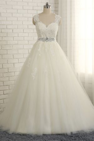 A-line Straps Floor-length Tulle Bridal Dress With Appliques