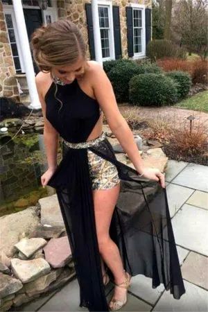 A-line Halter-neck Sleeveless Sweep / Brush Train 100D Chiffon Evening Dress With Crystal