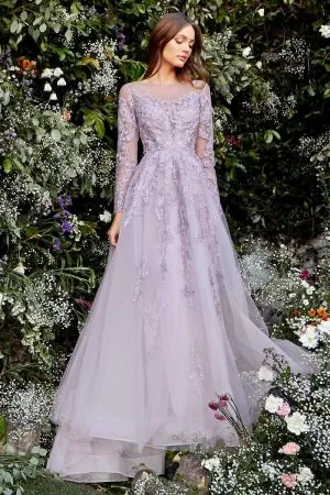 A-line Jewel Neck Long Sleeves Floor-length Tulle Prom Dress With Lace