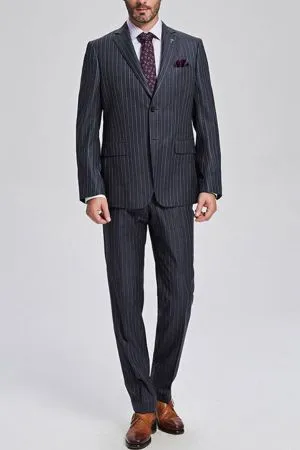 Black Single Breasted Wool Blend Men's Business Suit with Gustavo Grey Stripes