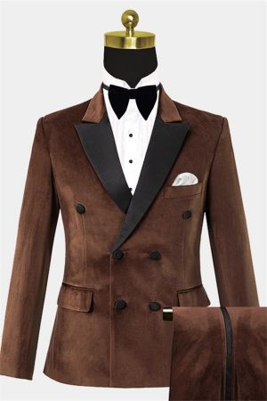 Brown Double Breasted Velvet Prom Suit with Notched Lapel