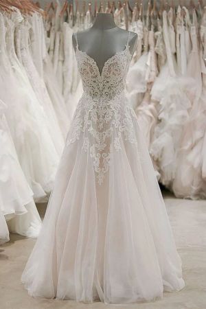 A-line Spaghetti Straps V-neck Sleeveless Floor-length Tulle Bridal Dress With Sequins