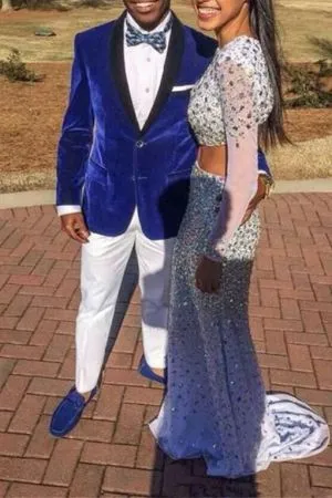 Royal Blue Velvet Prom Suit with Black Shawl Lapel