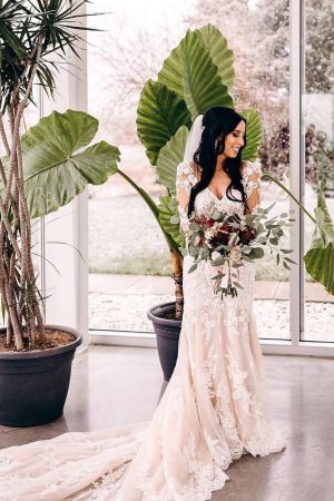 Mermaid V-neck Long Sleeves Court Train Lace Bridal Dress With Lace