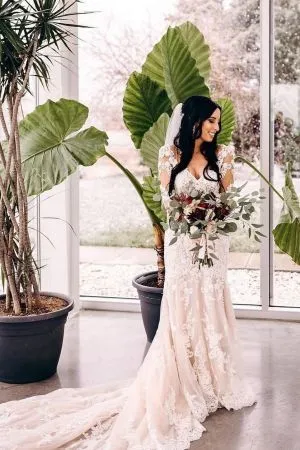 Mermaid V-neck Long Sleeves Court Train Lace Bridal Dress With Lace