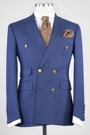 Blue Textured Double Breasted Suit with Gold Embossed Buttons