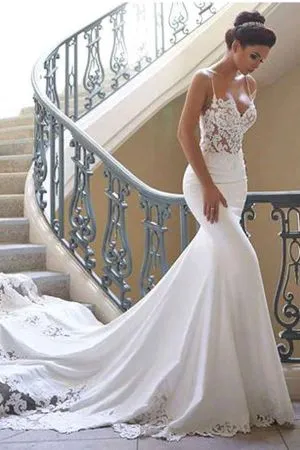 Mermaid Spaghetti Straps V-neck Sleeveless Court Train Tulle Wedding Gown With Lace