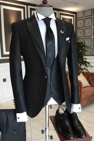 All Black Peaked Lapel Business Suit