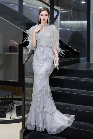 Mermaid V-neck Sleeveless Court Train Tulle Evening Gown With Feathers