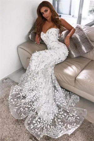 Mermaid Sweetheart Neck Sleeveless Court Train Tulle Evening Dress With Appliques