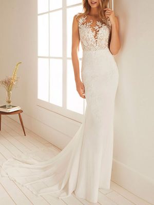 Mermaid Sleeveless Court Train 100D Chiffon Bridal Dress With Lace