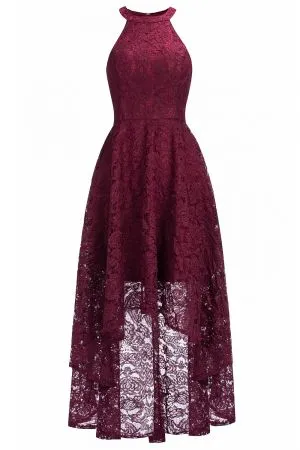 A-line Halter-neck Sleeveless Hi-Lo Lace Bridesmaid Outfit With Pattern