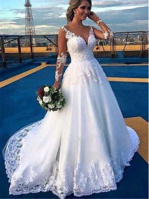 Ball Gown V-neck Long Sleeves Tulle Wedding Dress