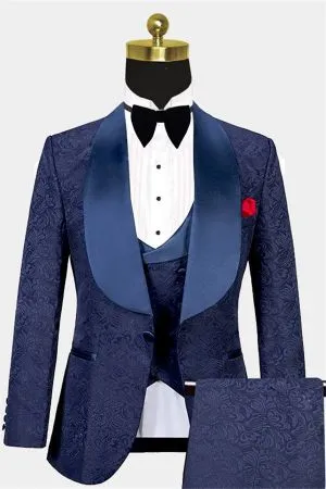 Navy Blue Bespoke Jacquard Three-Piece Tuxedo