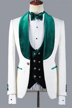 White Jacquard Three Pieces Men's Suit with Green Lapel for Wedding