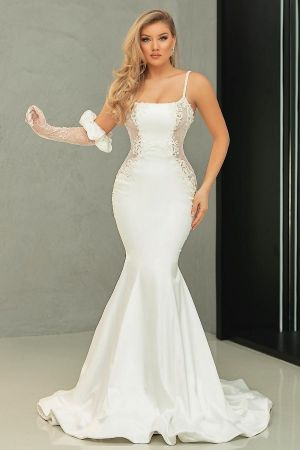 Mermaid Spaghetti Straps Sleeveless Court Train Satin Wedding Gown With Lace