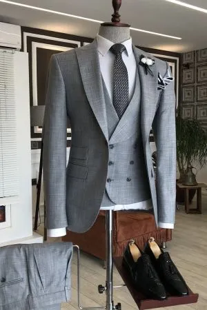 Gray Single Breasted 3 Flaps Business Suit