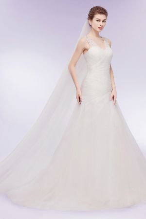 Mermaid V-neck Sleeveless Court Train Tulle Bridal Gown With Crystal