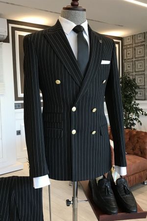 Black Striped Double Breasted Business Suit