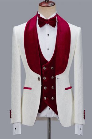 White Jacquard Three Pieces Men's Suit with Velvet Lapel for Wedding