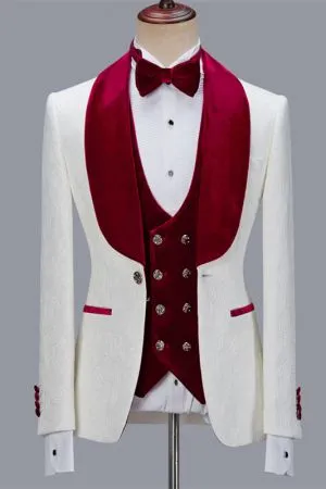 White Jacquard Three Pieces Men's Suit with Velvet Lapel for Wedding