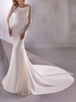 Mermaid Bateau Neck Long Sleeves Sweep / Brush Train Tulle Bridal Gown With Lace