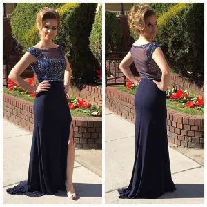 A-line Jewel Neck Cap Sleeves Sweep / Brush Train Formal Wear With Crystal