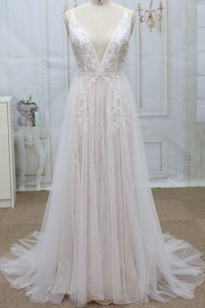 A-line V-neck Sleeveless Chapel Train Lace Bridal Attire With Appliques