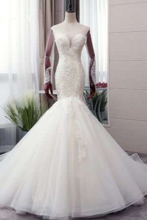 Mermaid Jewel Neck Long Sleeves Floor-length Tulle Wedding Dress With Lace