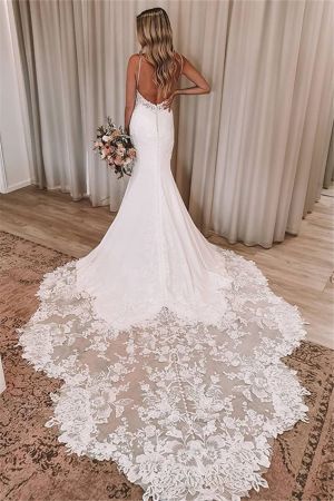 Mermaid Spaghetti Straps Sleeveless Court Train Bridal Gown With Appliques
