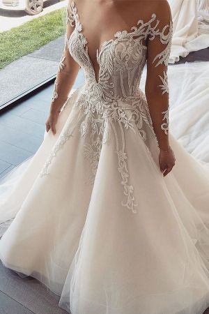 A-line Jewel Neck Long Sleeves Chapel Train Satin Wedding Gown With Appliques