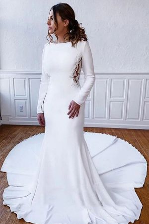 Column Jewel Neck Long Sleeves Cathedral Train Satin Wedding Gown With Beading
