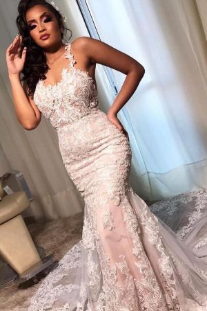 Mermaid Spaghetti Straps Sleeveless Sweep / Brush Train Lace Wedding Gown With Lace