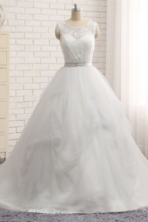 A-line V-neck Jewel Neck Sleeveless Court Train Tulle Wedding Gown With Lace