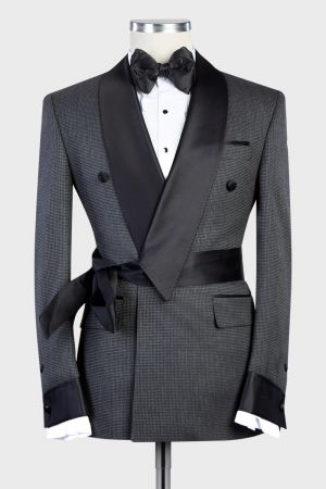 Grey Double Breasted Two Pieces Men Suit with Black Shawl Lapel