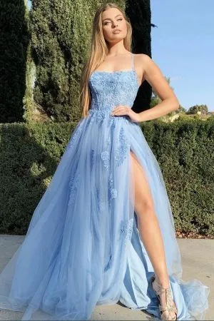 A-line Spaghetti Straps Sleeveless Floor-length Tulle Prom Dress With Lace
