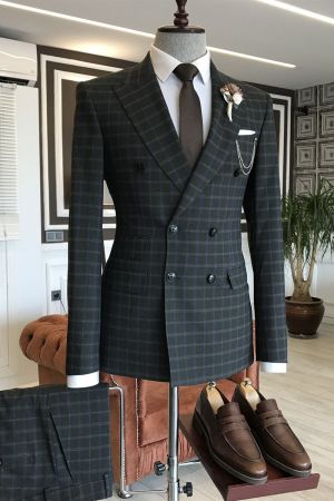 Black Plaid Double Breasted Slim Fit Business Suit
