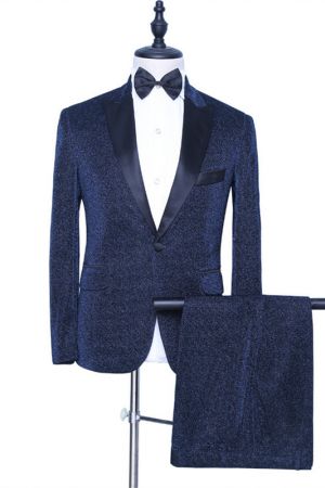Dark Navy Sparkly Peaked Lapel Prom Suit for Men
