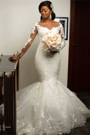 Mermaid Long Sleeves Court Train Tulle Wedding Gown With Appliques