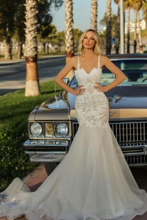Mermaid Sweetheart Neck Sleeveless Sweep / Brush Train Organza Bridal Gown With Lace