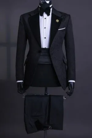 Aurelius Black Jacquard Floral Notched Lapel Tuxedo Set