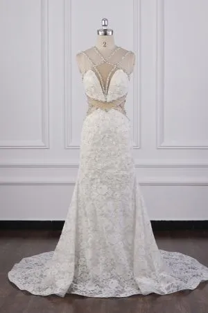 Sleeveless Floor-length Tulle Wedding Dress With Beading