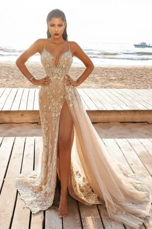 A-line Sweep / Brush Train Satin Bridal Gown With Appliques