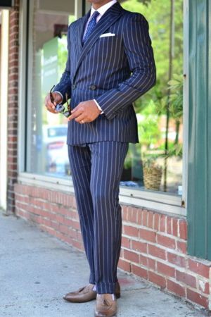 Dark Blue Double Breasted Striped Business Suit