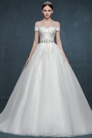 Ball Gown Off-the-shoulder Sleeveless Floor-length Tulle Bridal Dress With Crystal