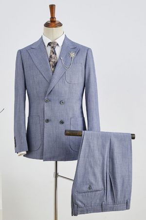 Blue Plaid Peaked Lapel Double Breasted Custom Business Suit
