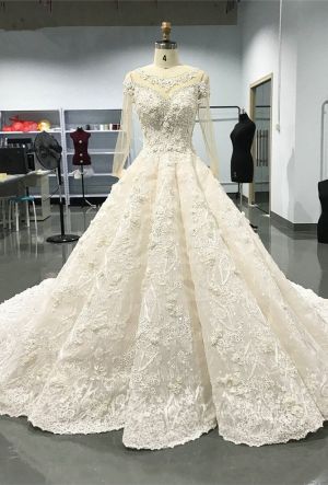 White A-Line Wedding Dress with Jewel Long Sleeves and Lace Appliques