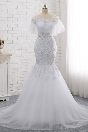 Mermaid Jewel Neck Sleeveless Floor-length Tulle Wedding Gown With Appliques