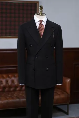 All Black Peaked Lapel Double Breasted Custom Business Suit