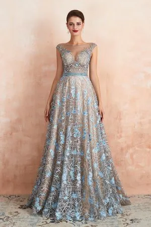 A-line Jewel Neck Sleeveless Sweep / Brush Train Lace Evening Dress With Beading
